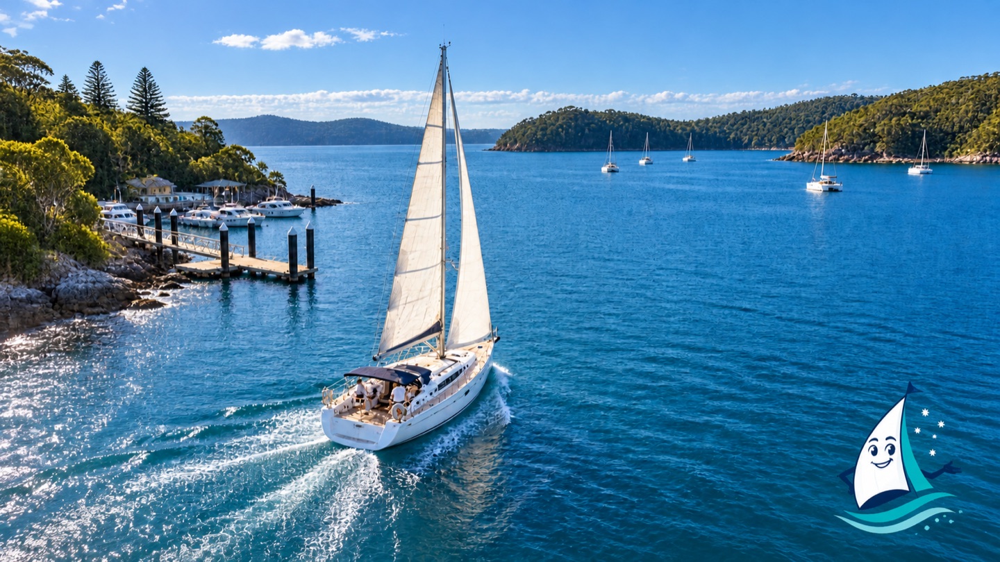 AI editorial illustration of a yacht leaving a small marina for a coastal bay, with the YouSail mascot