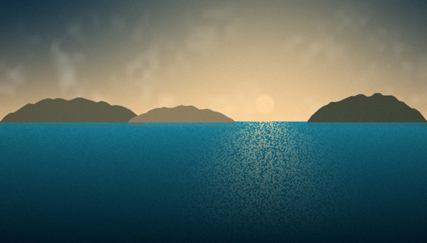 Illustration standing in for Australian charter sailing: low sun over silhouetted islands, light scattered across open water