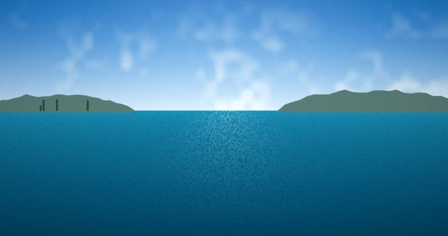 Illustration standing in for Adelaide and Gulf St Vincent: a sheltered harbour shore under a shallow skyline over blue-green water in high midday sun