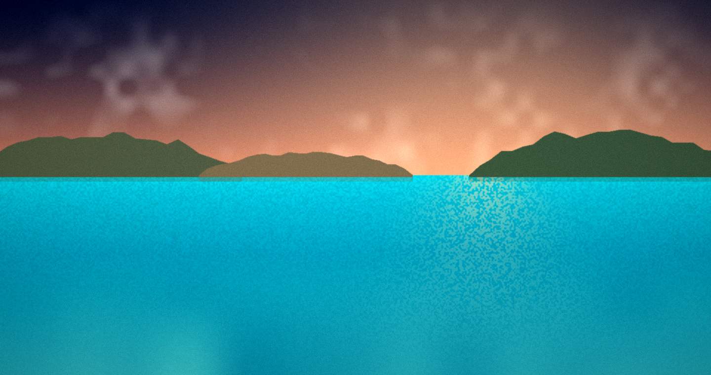 Illustration standing in for Airlie Beach: a group of low islands along the horizon over turquoise water in last light after sunset