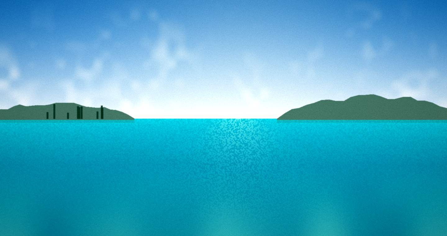 Illustration standing in for Brisbane and Moreton Bay: a sheltered harbour shore under a shallow skyline over turquoise water in afternoon light