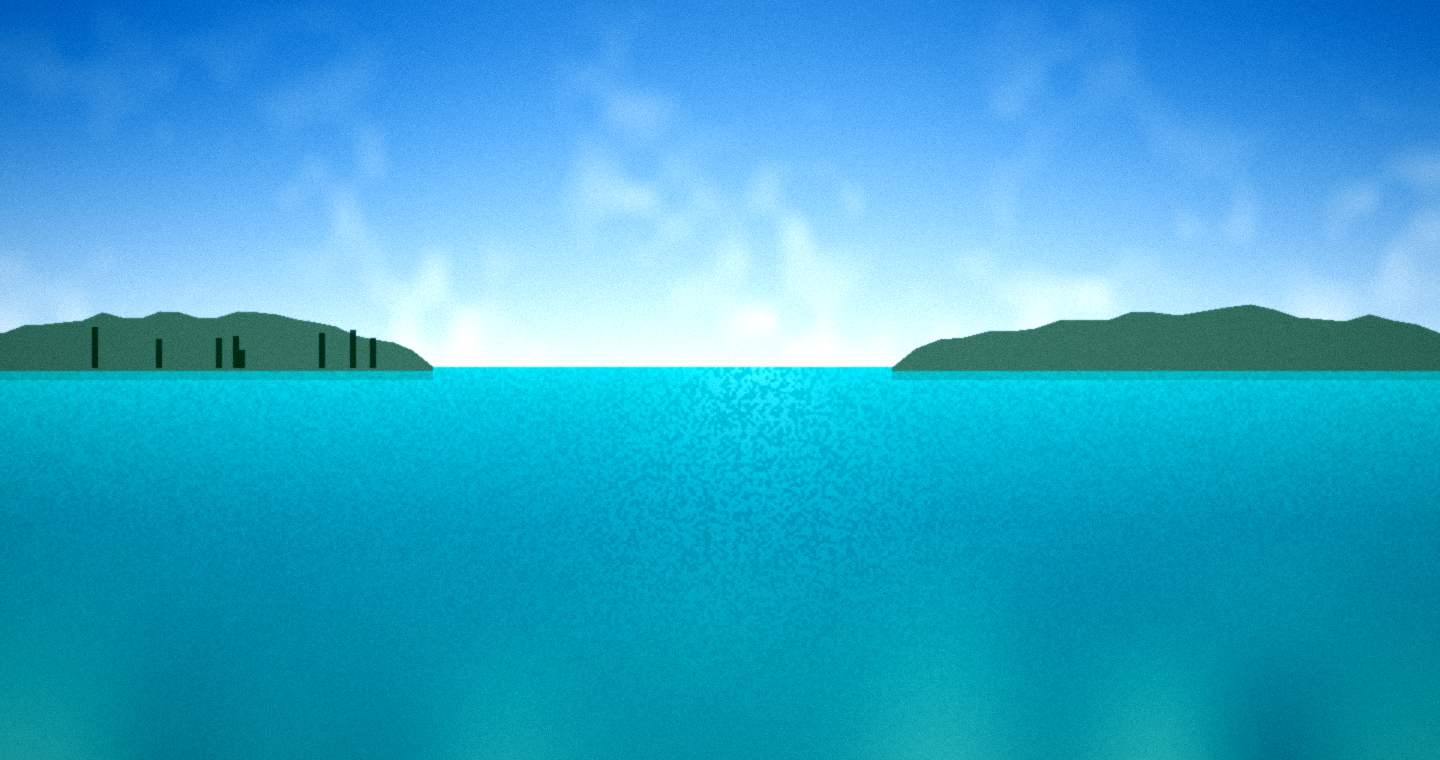 Illustration standing in for Darwin Harbour: a sheltered harbour shore under a shallow skyline over turquoise water in high midday sun