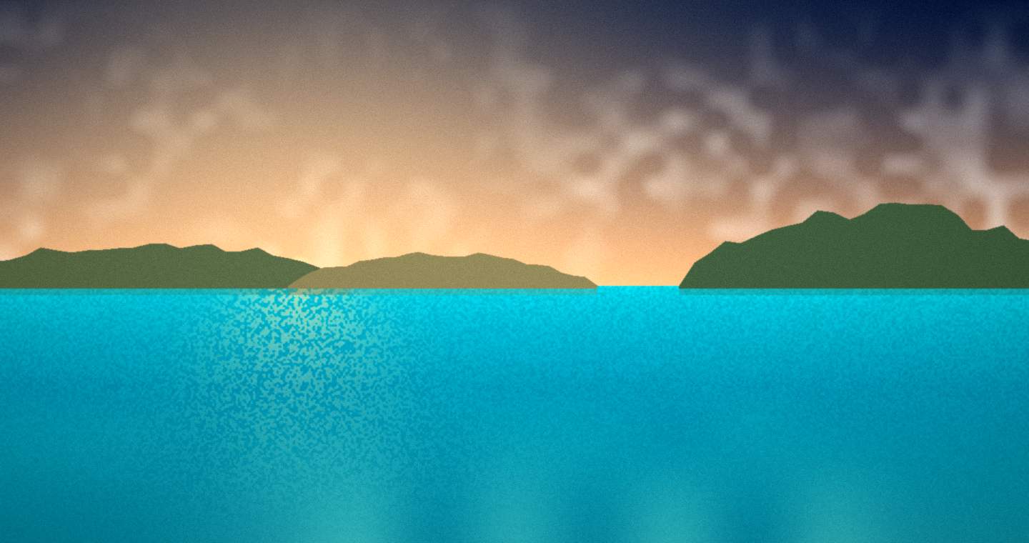 Illustration standing in for Magnetic Island and Townsville: a group of low islands along the horizon over turquoise water in first light