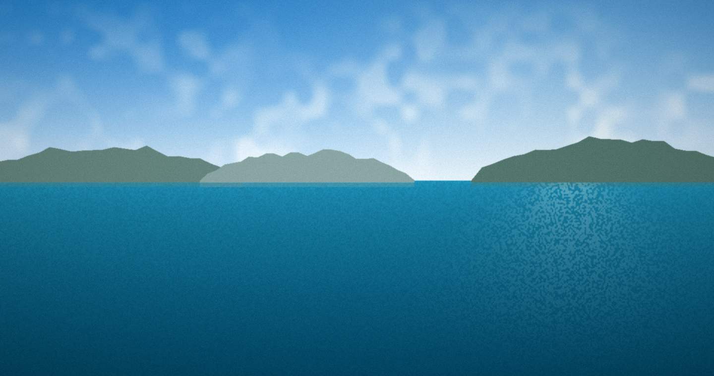 Illustration standing in for Pittwater and Broken Bay: a group of low islands along the horizon over blue-green water in morning light