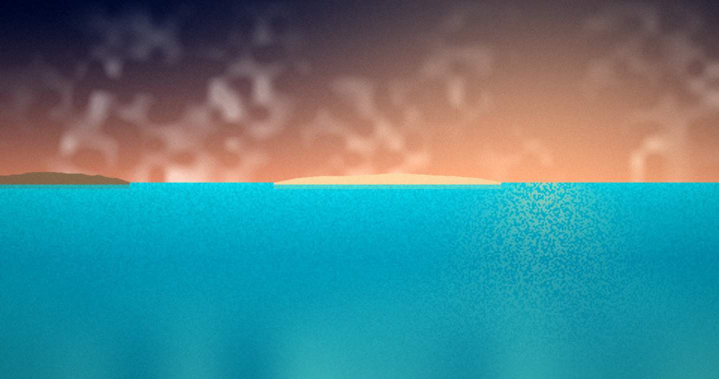 Illustration standing in for Port Douglas and Low Isles: a low sand cay ringed by pale shallows over turquoise water in last light after sunset