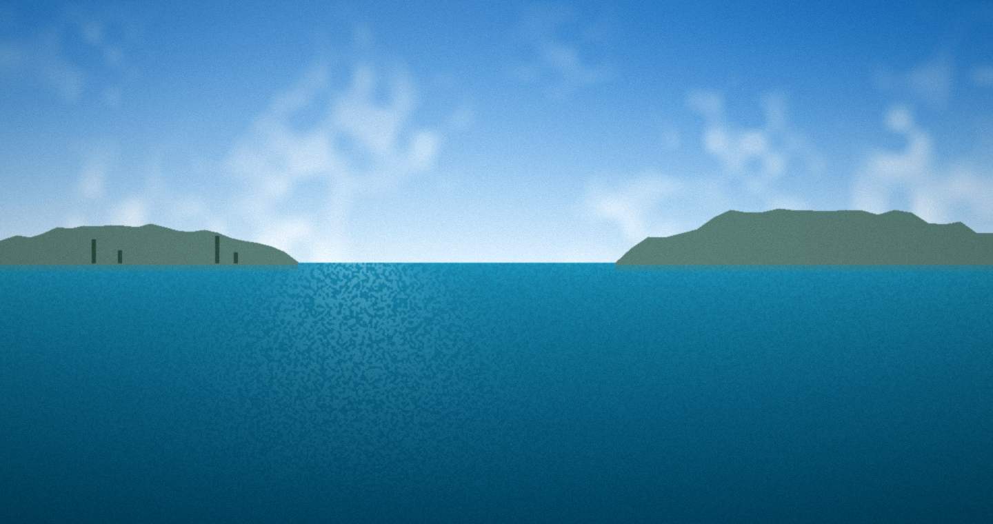 Illustration standing in for Sydney Harbour: a sheltered harbour shore under a shallow skyline over blue-green water in high midday sun